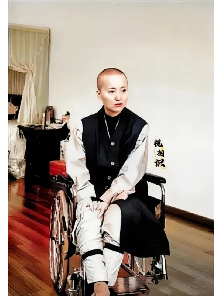2007年，深圳，陈晓旭剃度后的老照片，镜头中她坐在轮椅上，眼睛看着前面发呆，此...