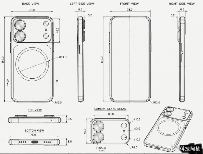疑似iPhone 18标准版外观图在网络出现，泄露图显示其采用横向大矩阵Deco