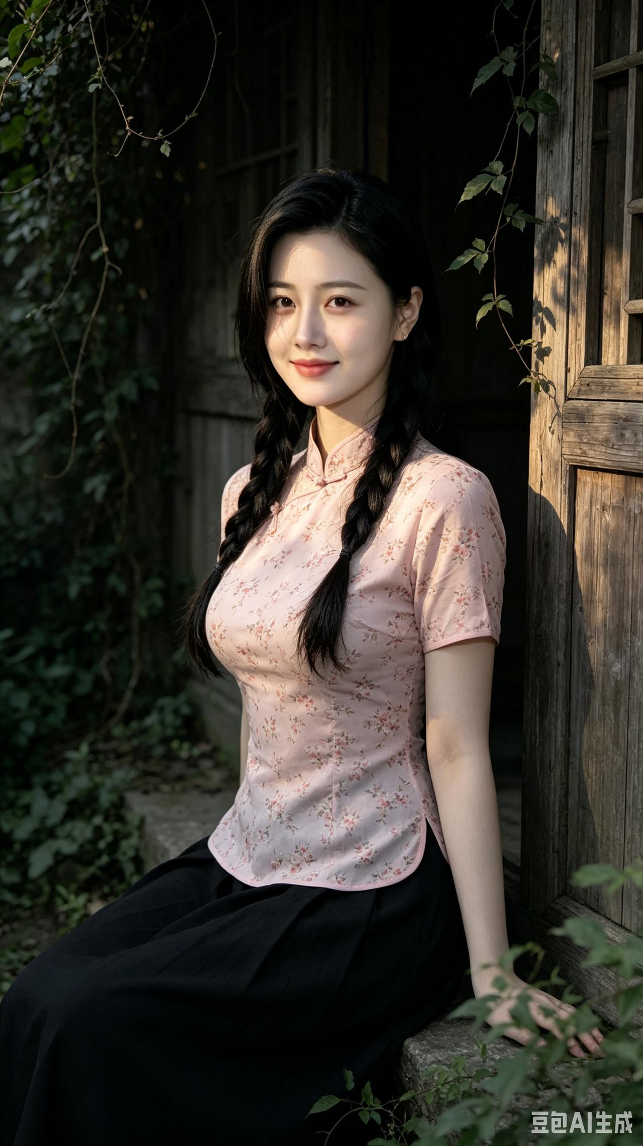姑娘坐在木门旁，微笑着看镜头。