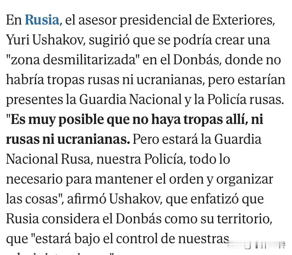 作为现在克宫最重要的顾问，总统外交顾问尤里·乌沙科夫建议，可以在顿巴斯建立一个“