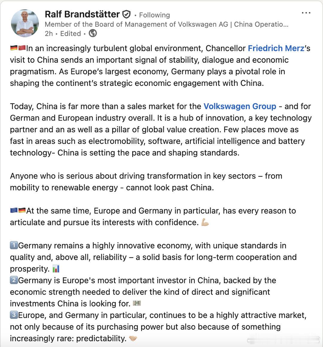 大众中国董事长表示中国是创新的策划地2月25日，德国总理默茨访华首日，大众中国董