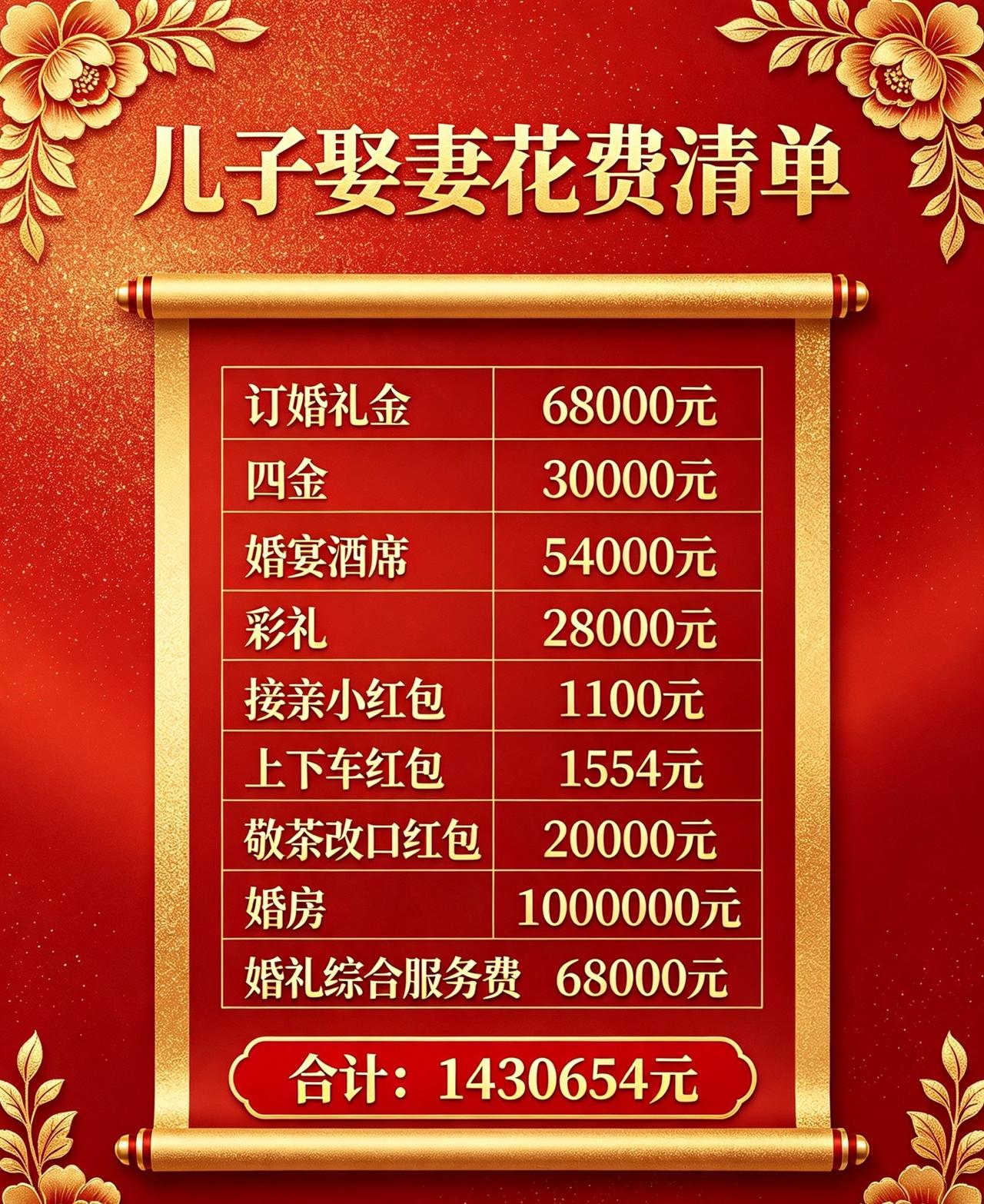 儿子娶妻花费清单，虽然处处花钱，但算起来好像也还能接受，只要小两口互敬互爱，家庭