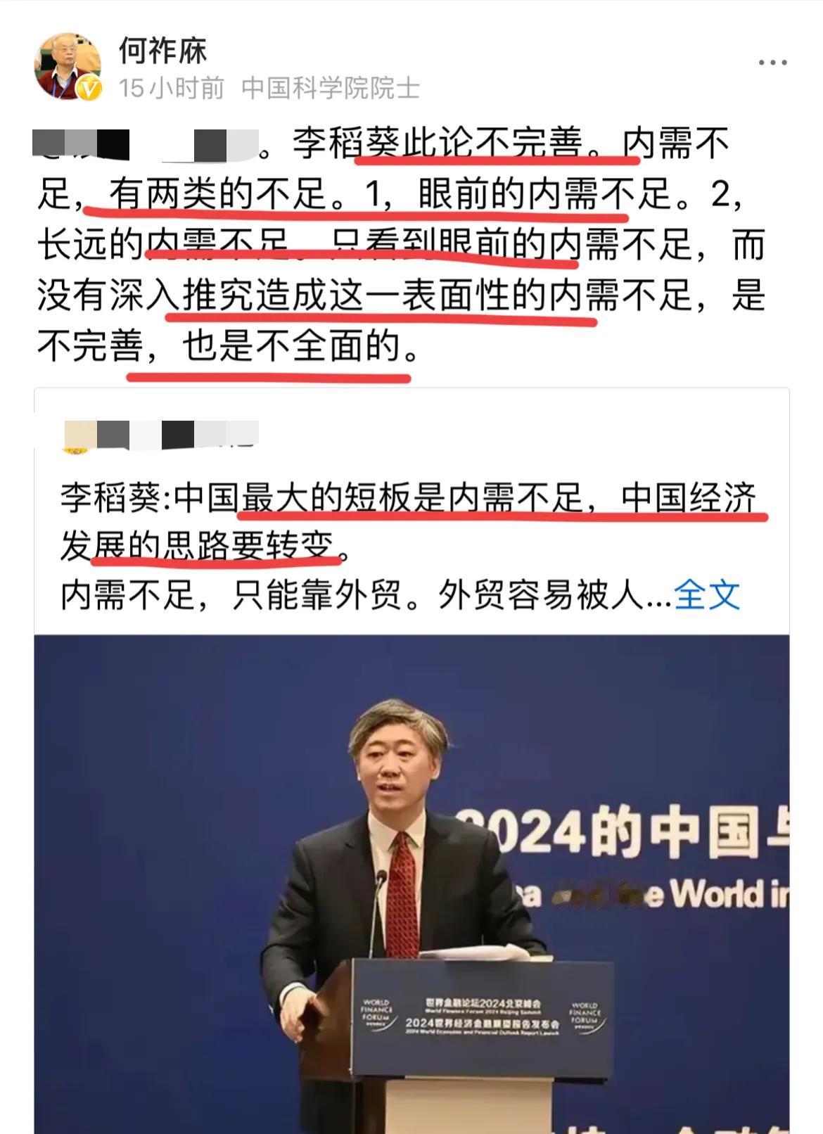 何祚庥院士评论李稻葵教授新观点：“我们现在最大问题是内需不足”！！
何院士表示，