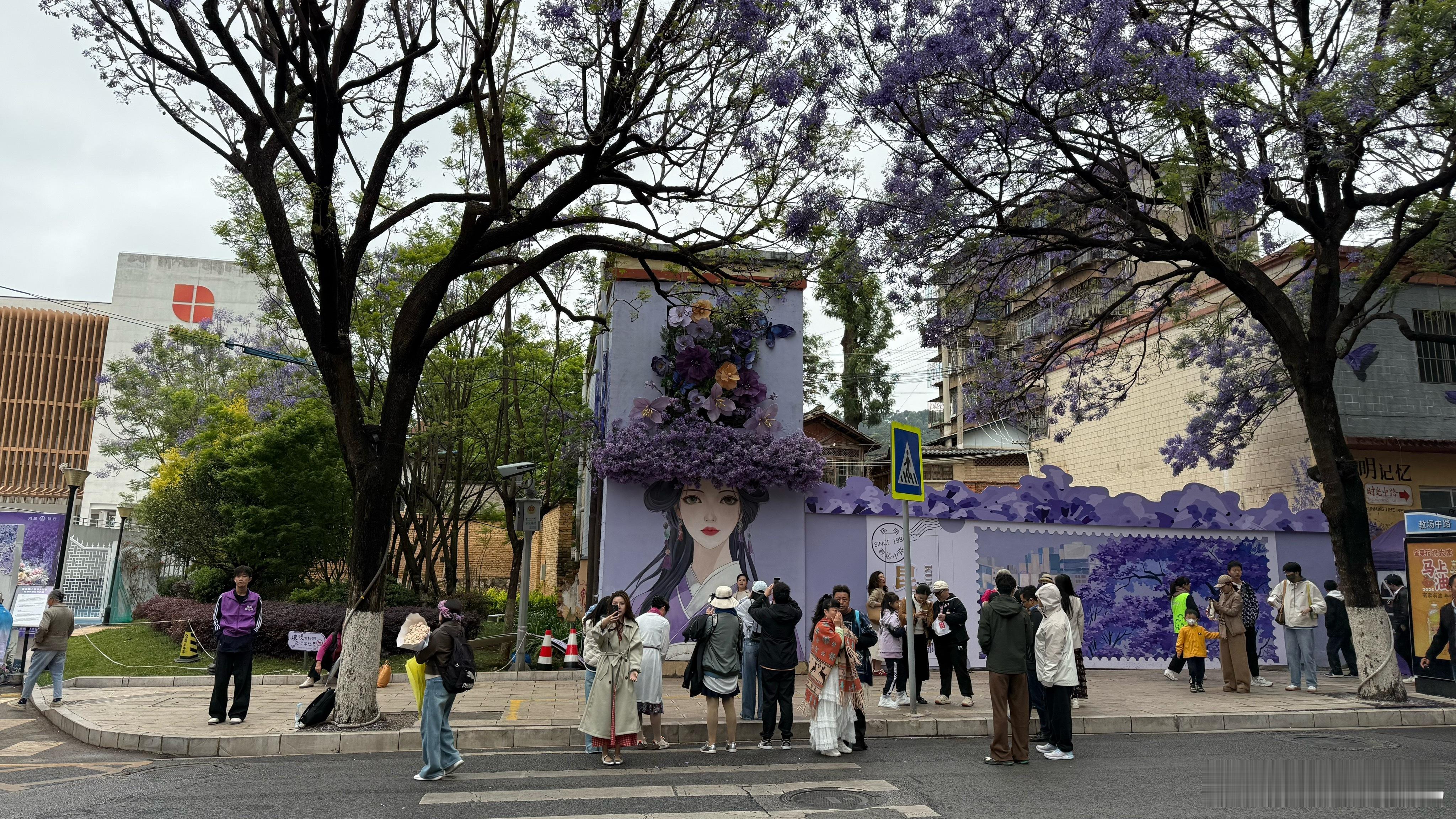 昆明，蓝花楹大街的一个头戴花冠的少女图画。 昆明·教场中路公交站