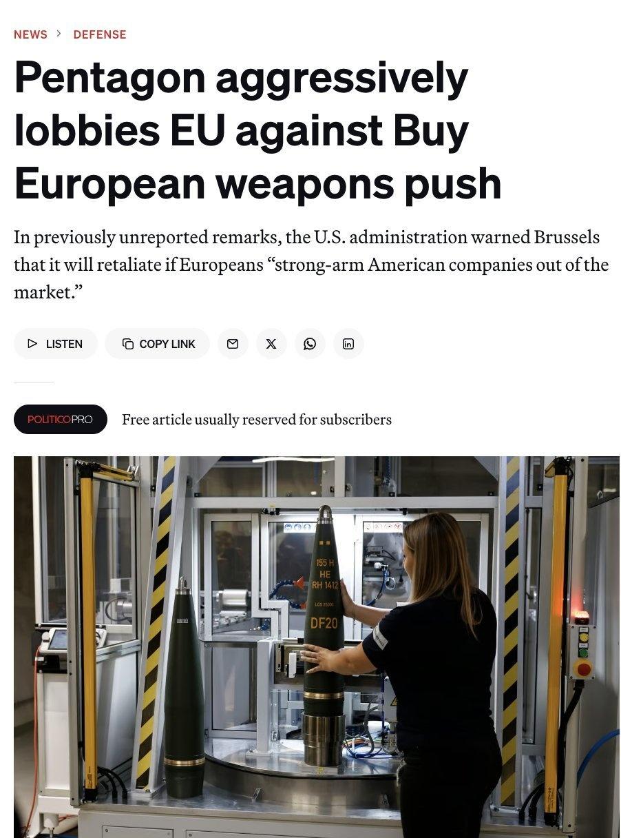 Politico：五角大樓警告European Union，若布魯塞爾在防務採購