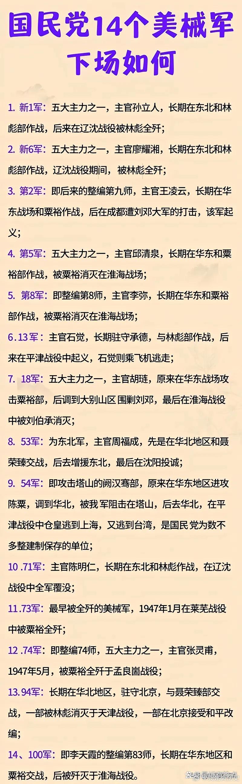在美国的援助下，国民党军先后组建了14支美械军，其中9支被歼灭，4支投诚起义，1