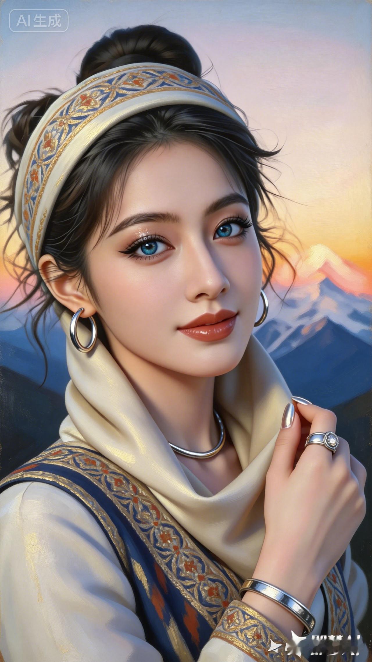 绝美少女肌肤细腻妆容清雅，身着塔吉克特色头巾服饰，碧蓝眼眸灵动动人。空灵氛围感拉