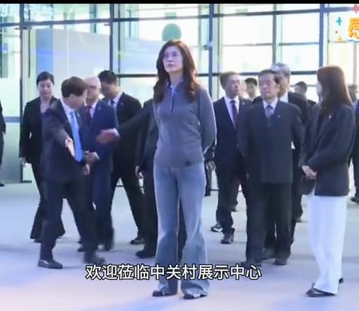 郑丽文着体闲装参观中关村展示中心。这高个头，比旁边男人整整高了一个头。还有这气昂