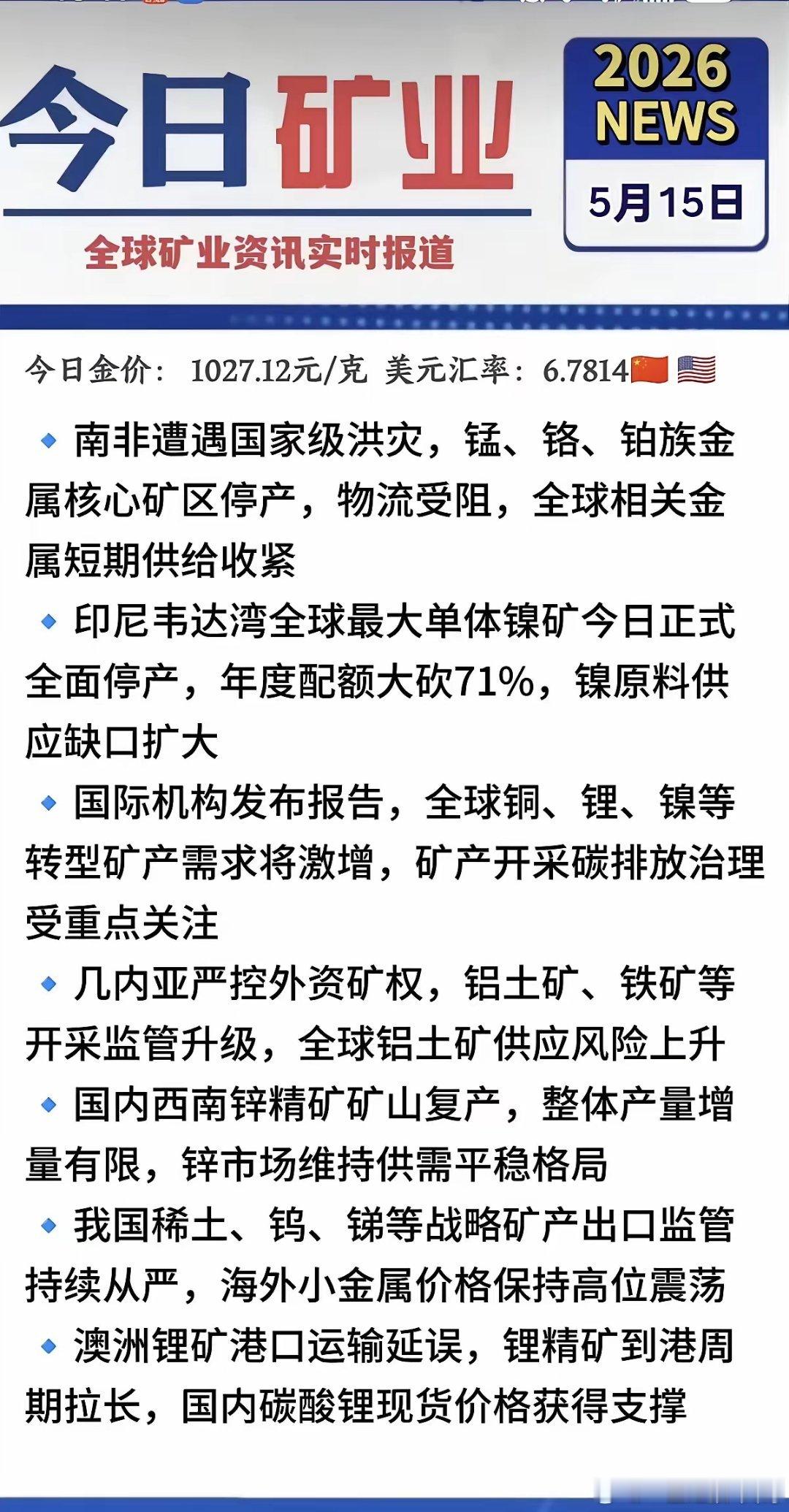 5.15周五  最新：有色金属+矿业新闻！1.锂  金属矿，反弹在即2.南非国家