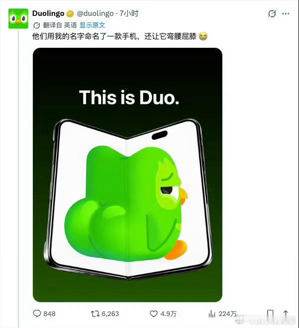 多邻国玩梗iPhoneDuo三星还在吐槽苹果抄袭，多邻国已经率先开启玩梗模式，控