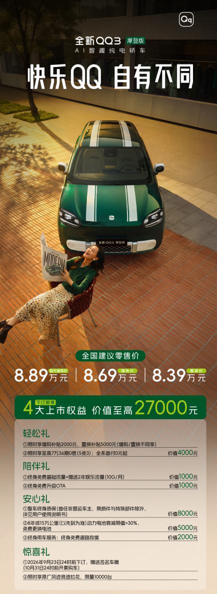 奇瑞QQ3 摩登版正式上市，售价 8.39-8.89 万，依旧是经典的味道，这次