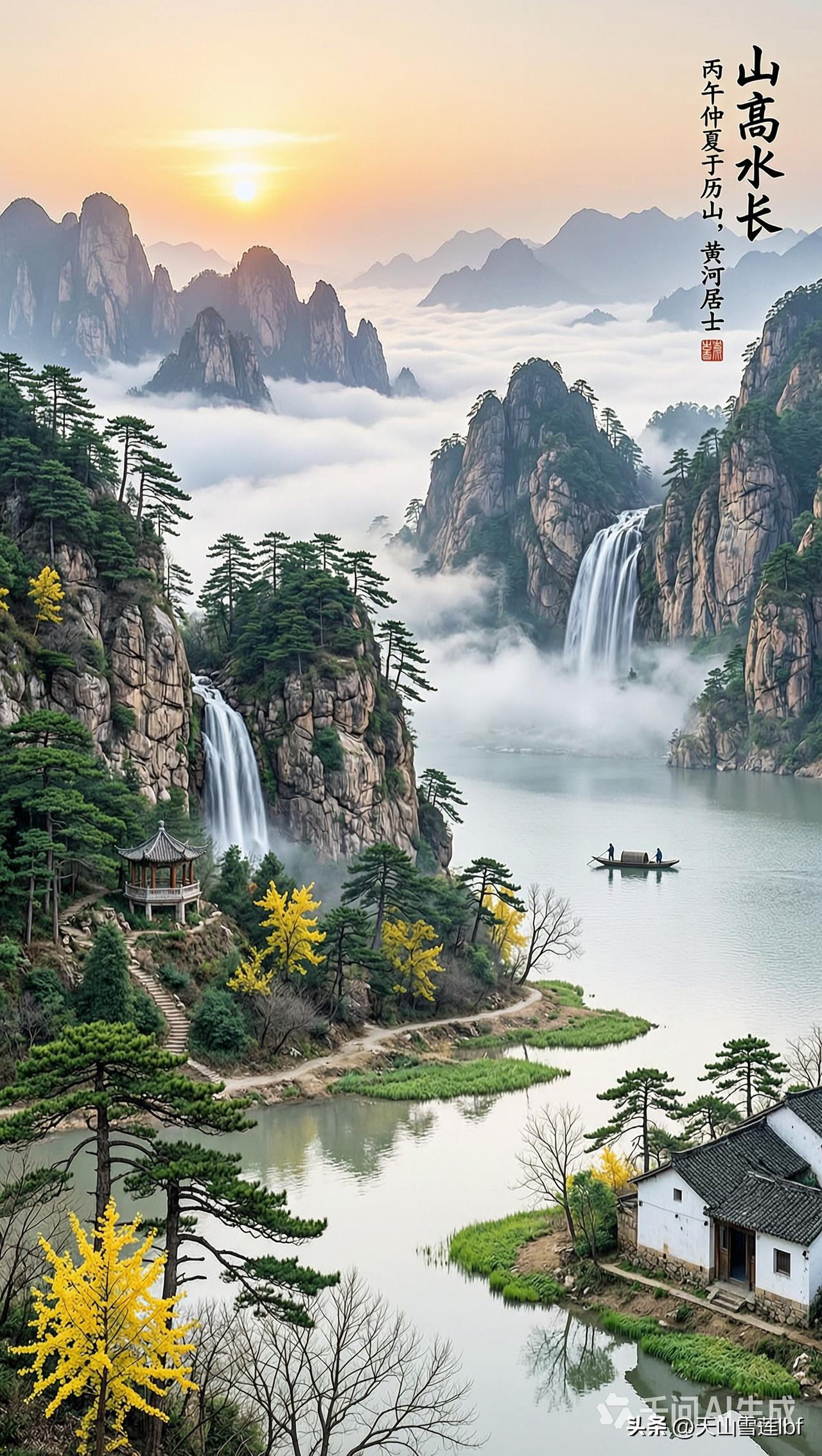 山水画《山高水长》祖国河山，美景如画。