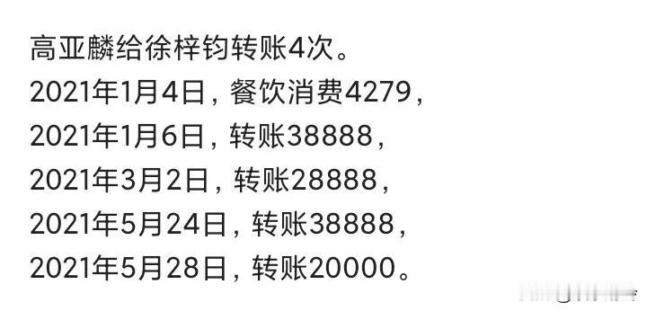 徐梓钧一开始内心是挣扎过的，高亚麟第一次给徐梓钧转账，是在吃饭后第2天，这意味着