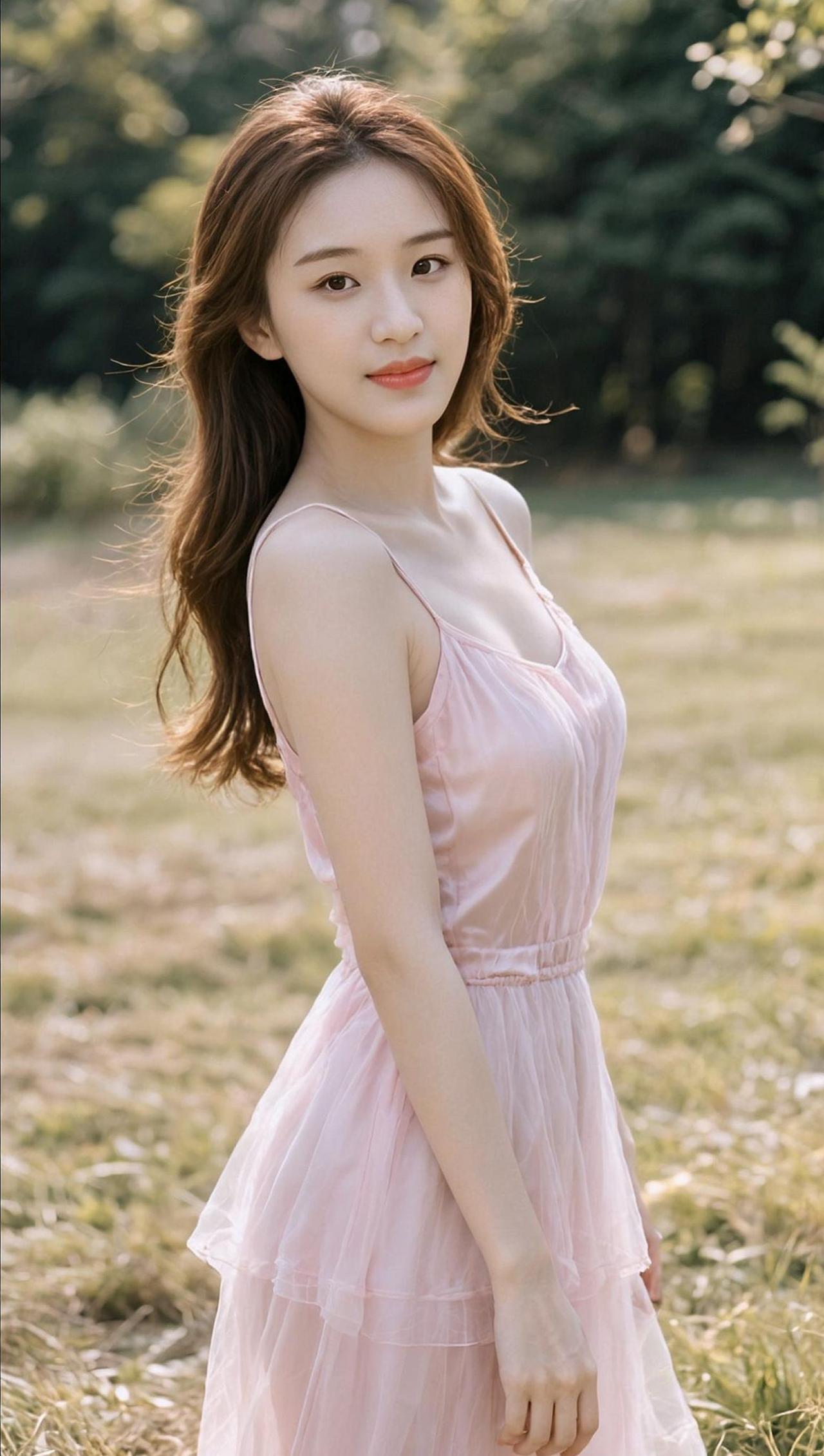 在这片柔和的光影中，仿佛时间都慢了下来。连衣裙的轻盈与背景的自然色调相得益彰，像