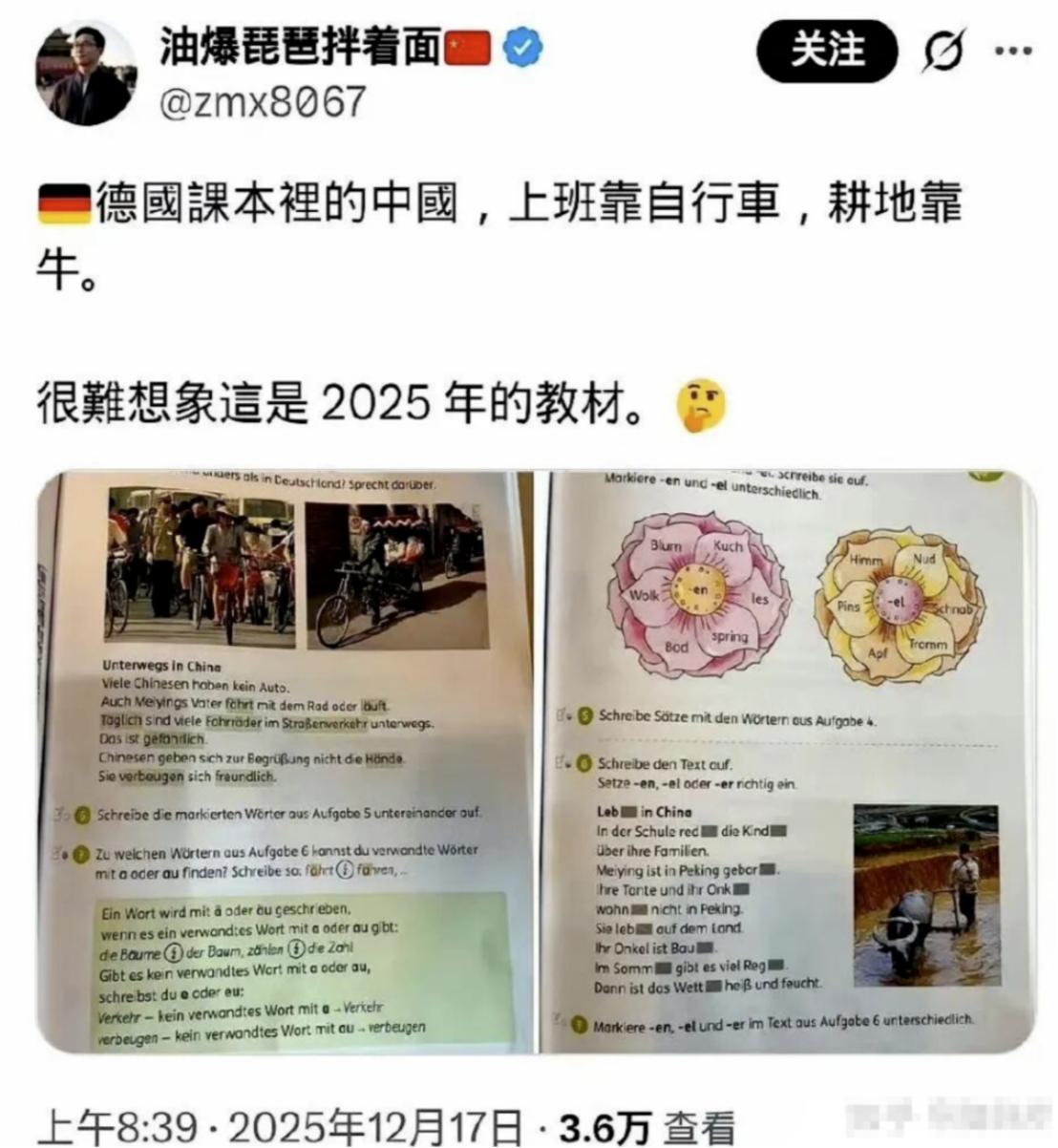 德国课本里的中国，竟还在“靠牛耕田”！最近一张标注着2025年的德国教材截图在网