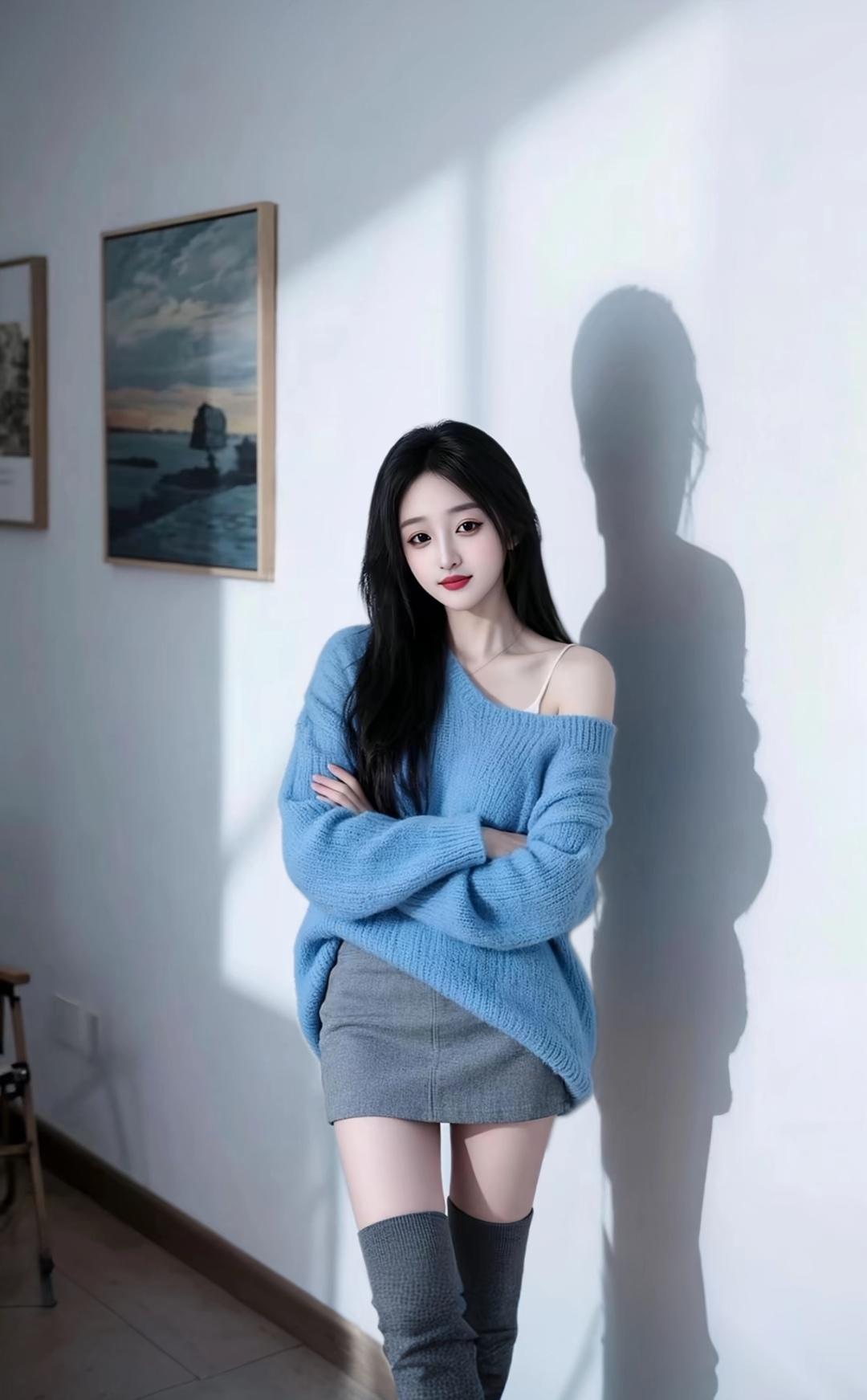 冬日暖阳下的慵懒时光，蓝白相间的毛衣与灰色短裙的完美搭配，尽显温柔与优雅。