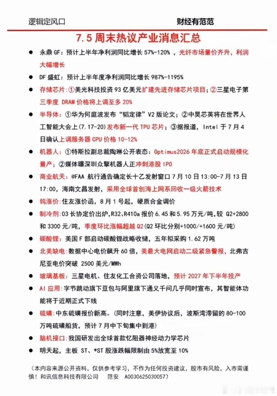 7.05周日  晚间：市场热议+财经信息汇总！1.存储芯片、半导体2.机器人3.