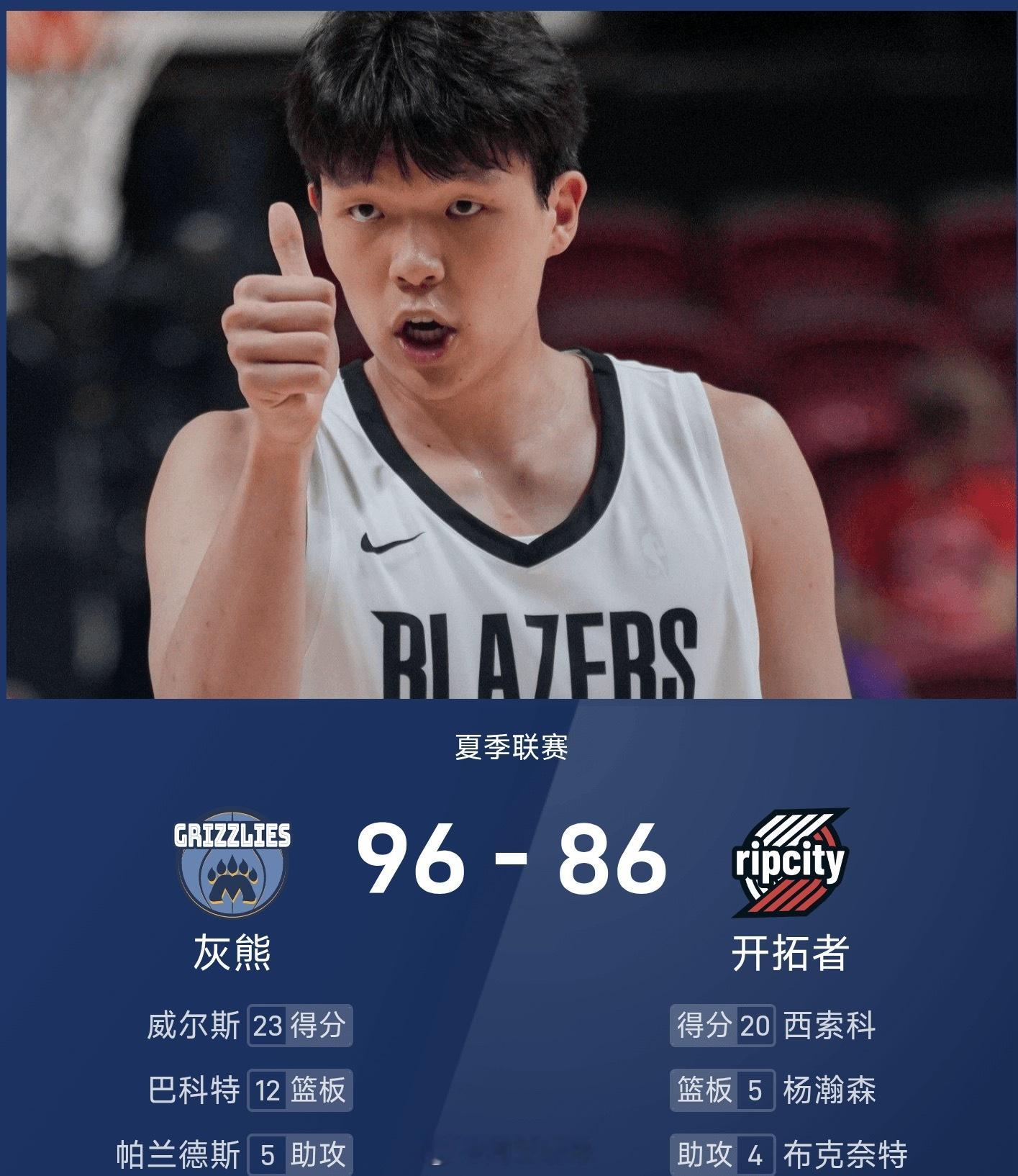 夏季联赛战报：杨瀚森10分5篮板3助攻1封盖，乐福18分，开拓者86-96 不敌
