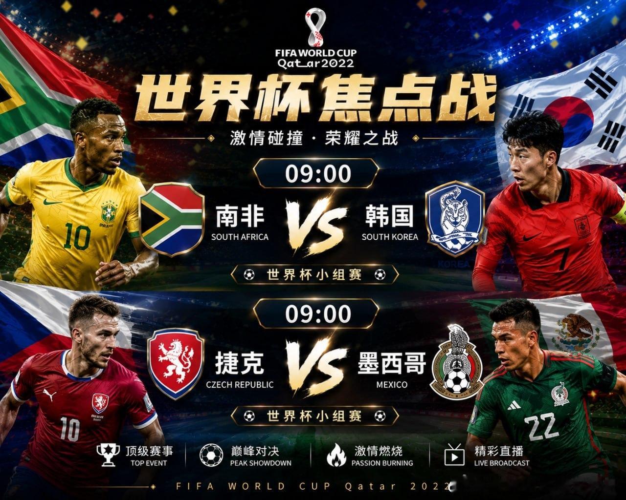 世界杯  09:00 双场开战🇿🇦 南非 VS 韩国 🇰🇷🇨🇿 捷克