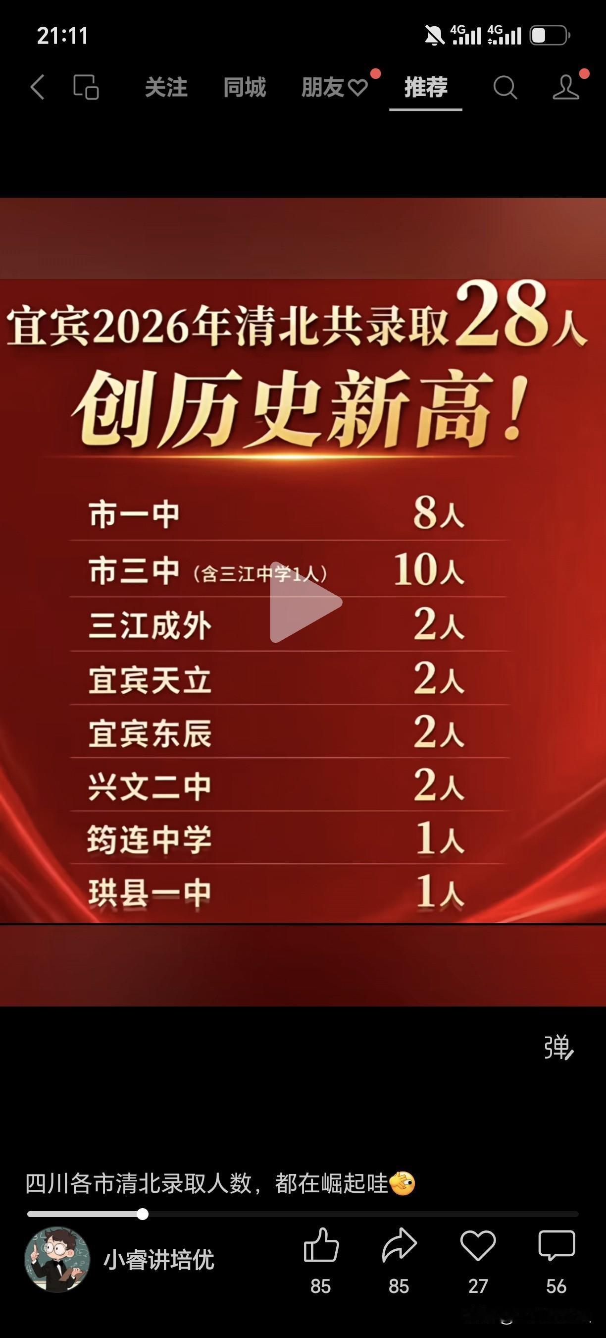 今年宜宾的清北是除成都外的最多的市州，宜宾不断完善的基础教育，让以前选择成都绵阳