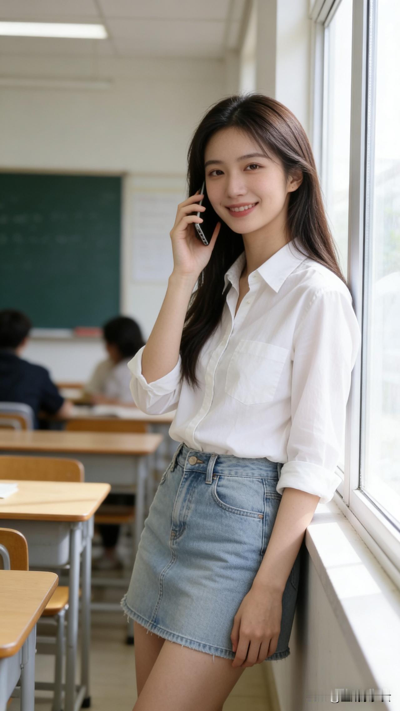 白衣少女坐窗边，电话响声入耳旁。白t恤女孩