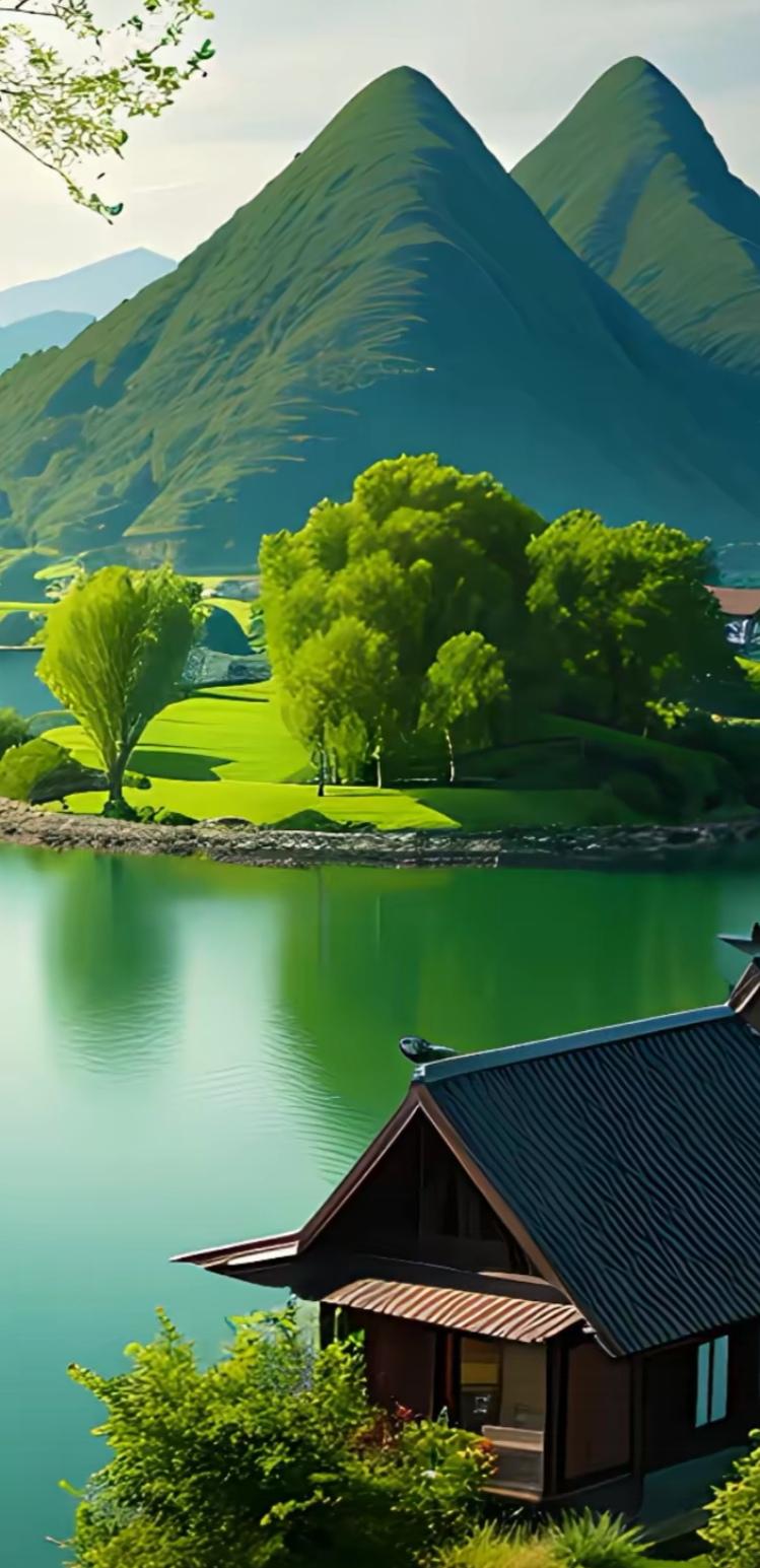 上联：青山藏画意，
下联：绿水蕴诗心。