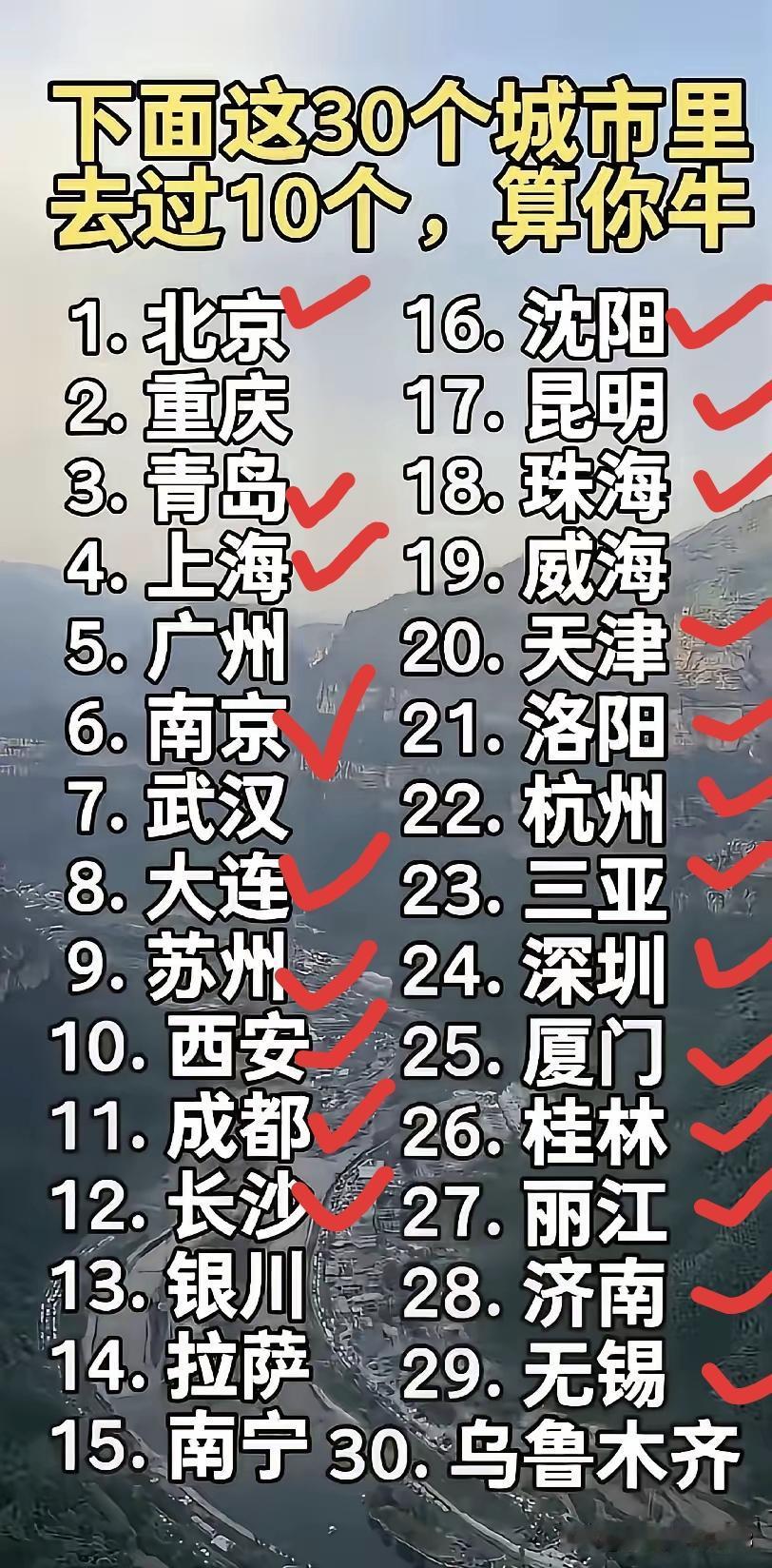刚才我看一网友说这30个城市，如果去过10个，就算你牛。我从头数了数，把去过的城