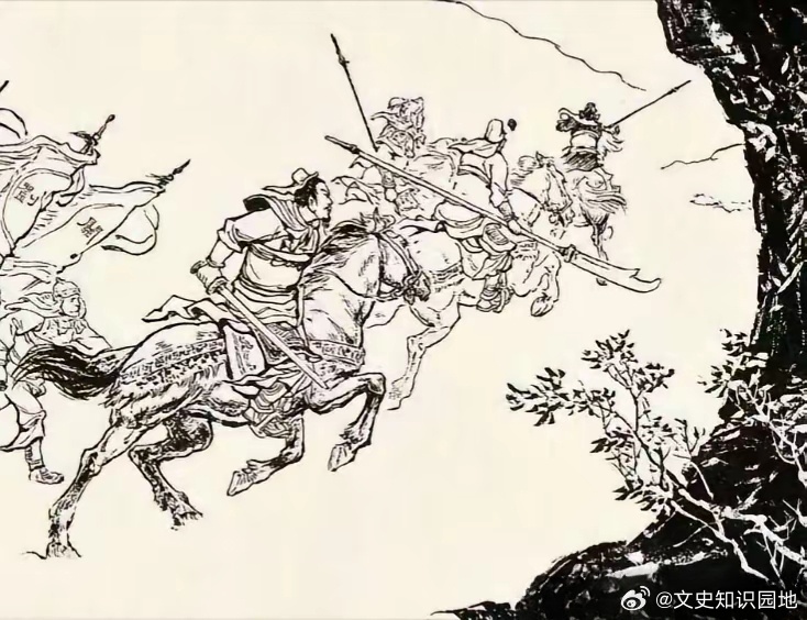 三国[超话] 紧急救援。此图中张飞持矛在前开路，关羽与另外一个人驱马紧紧跟随，刘