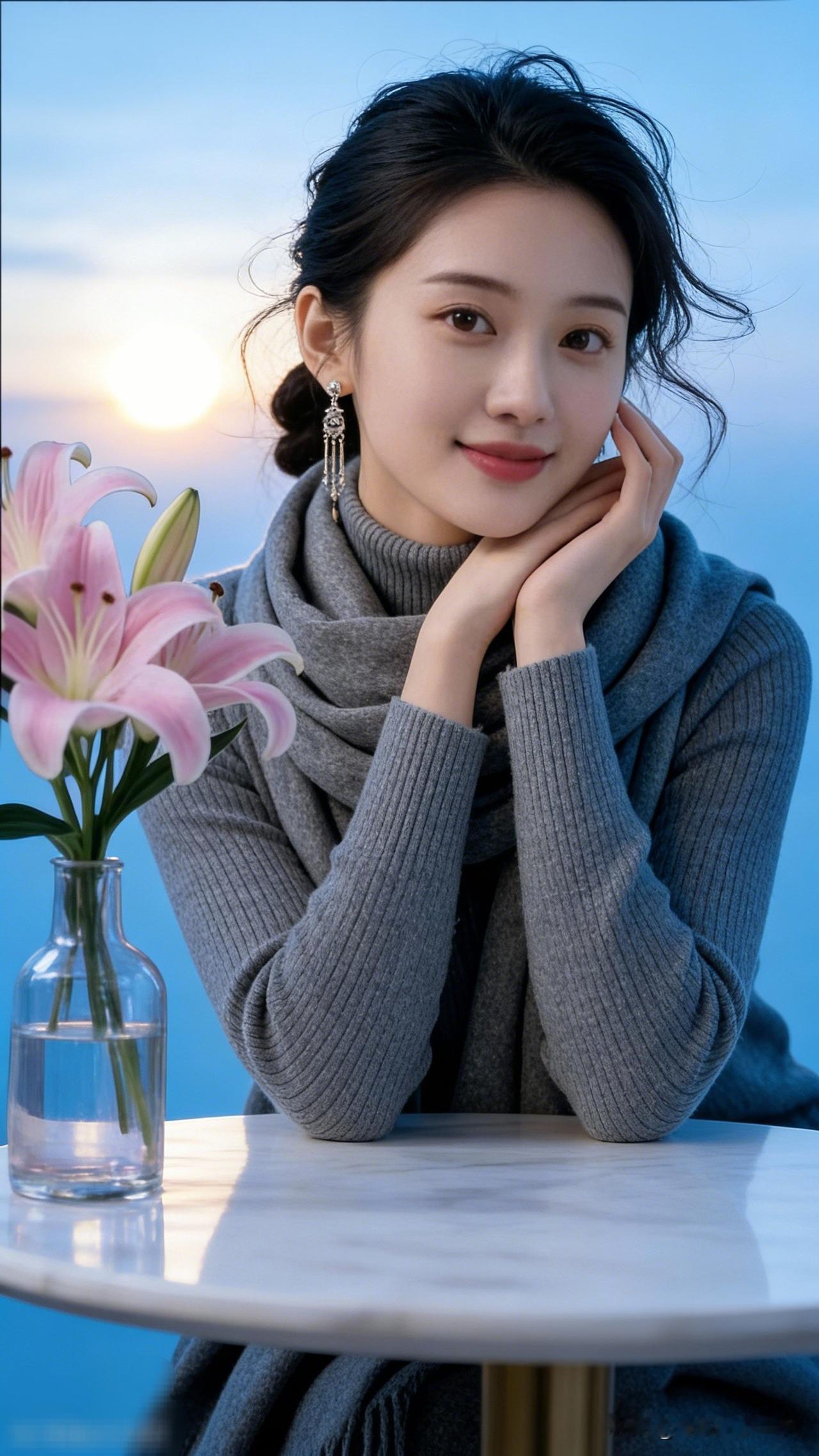 温柔冬日穿搭，粉色百合与灰色毛衣的完美搭配🌸🌟你见过最耐看的女生是什么样的