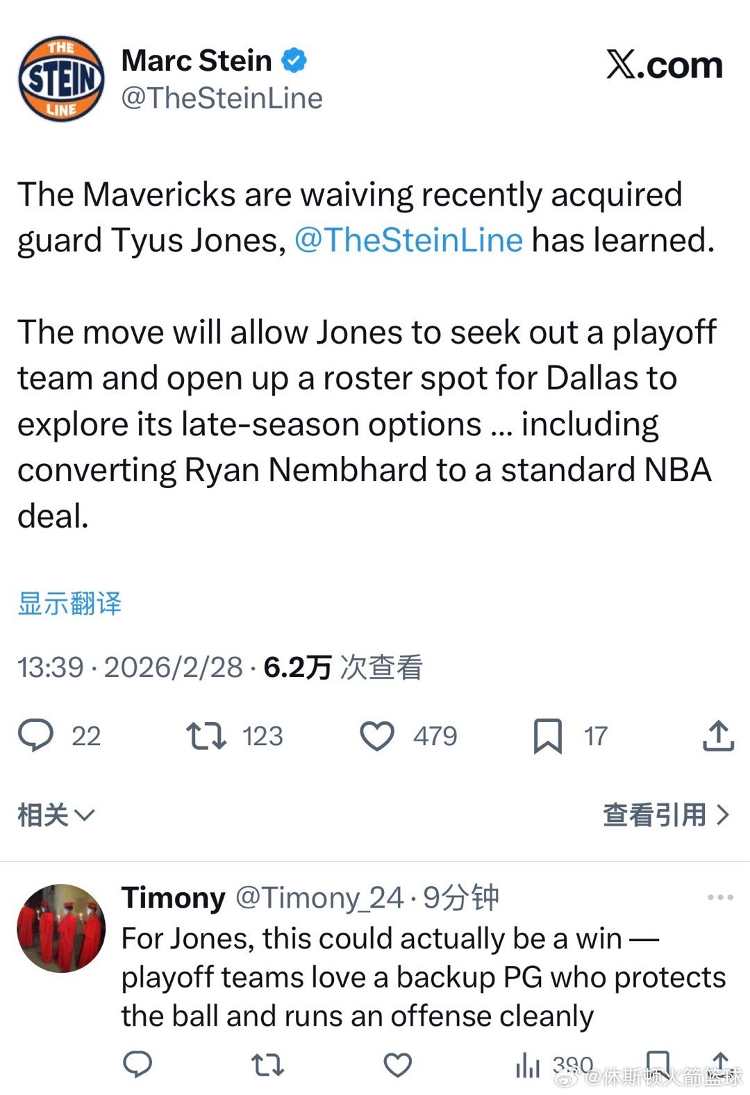 据《The Stein Line》记者马克·斯坦恩报道，独行侠将裁掉不久前刚交易