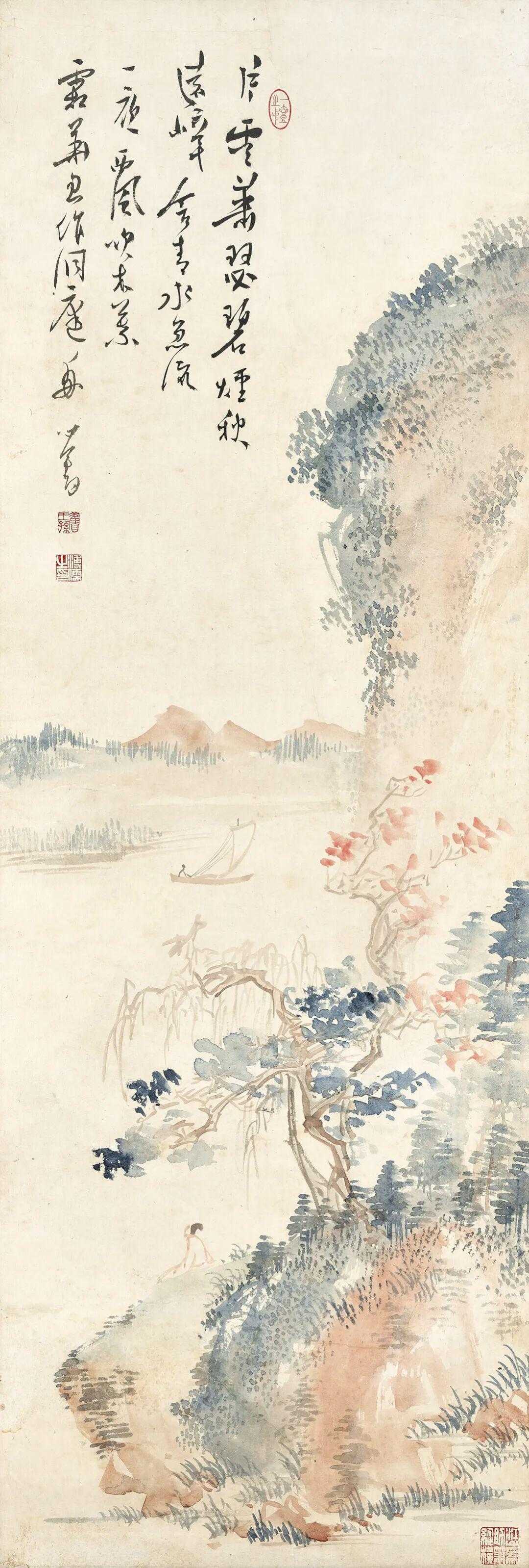 溥儒《洞庭霜舟》，设色纸本　镜框 99.3 x 33.1 cm题识：片云萧瑟碧烟