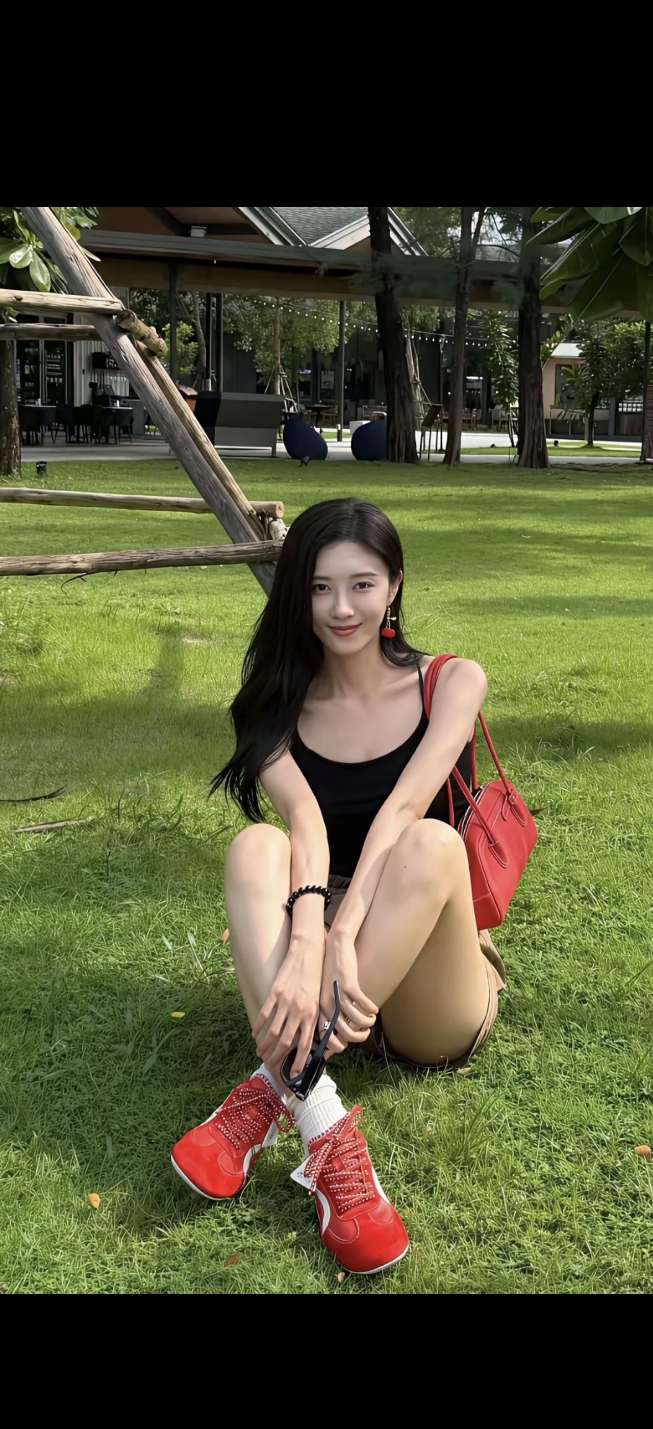 绿草如茵映笑颜，红鞋轻踏步履闲。