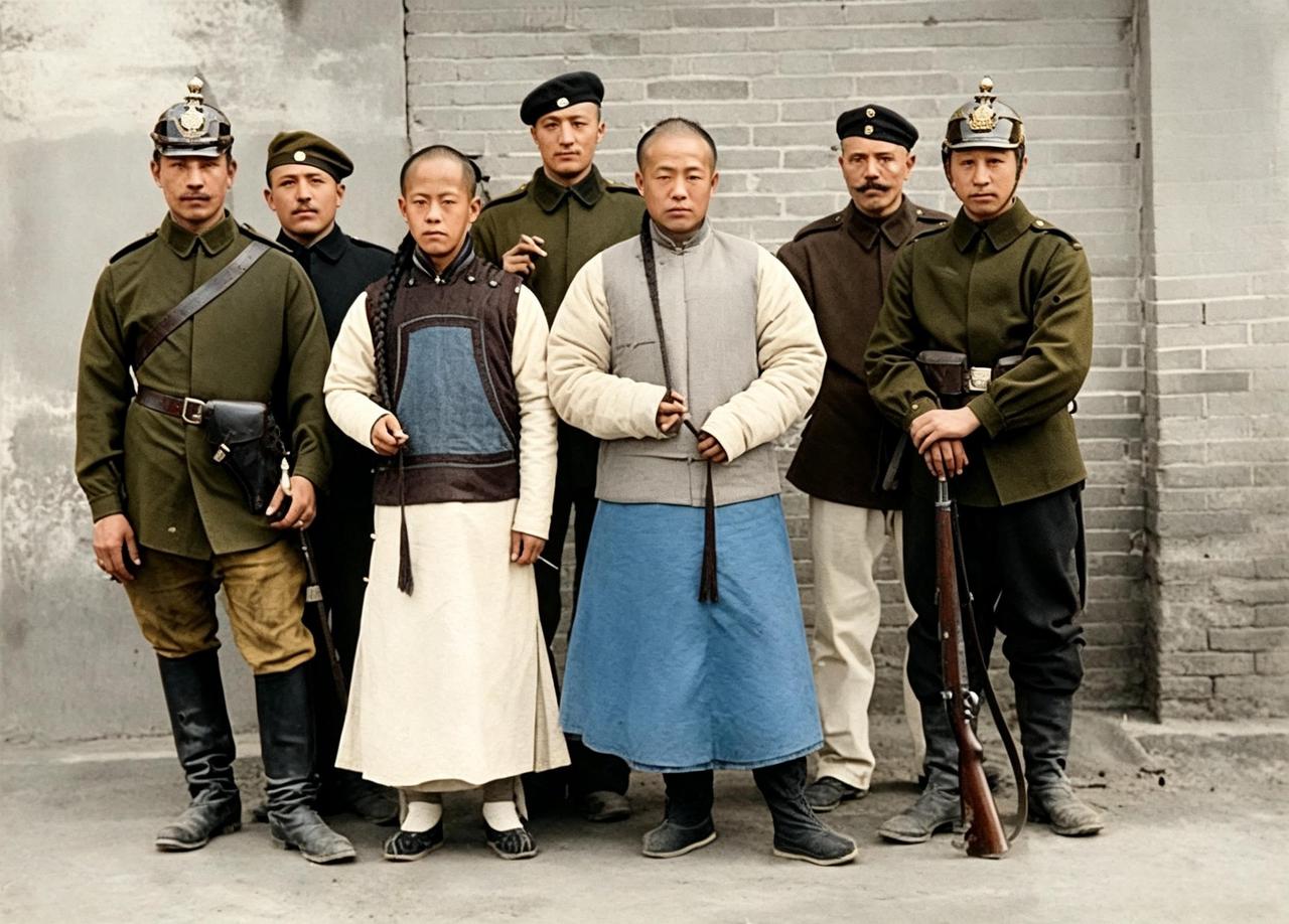 这是百年前，两名旗人男子站在几名联军士兵中间，双手将自己的长辫拢到胸前。这个动作