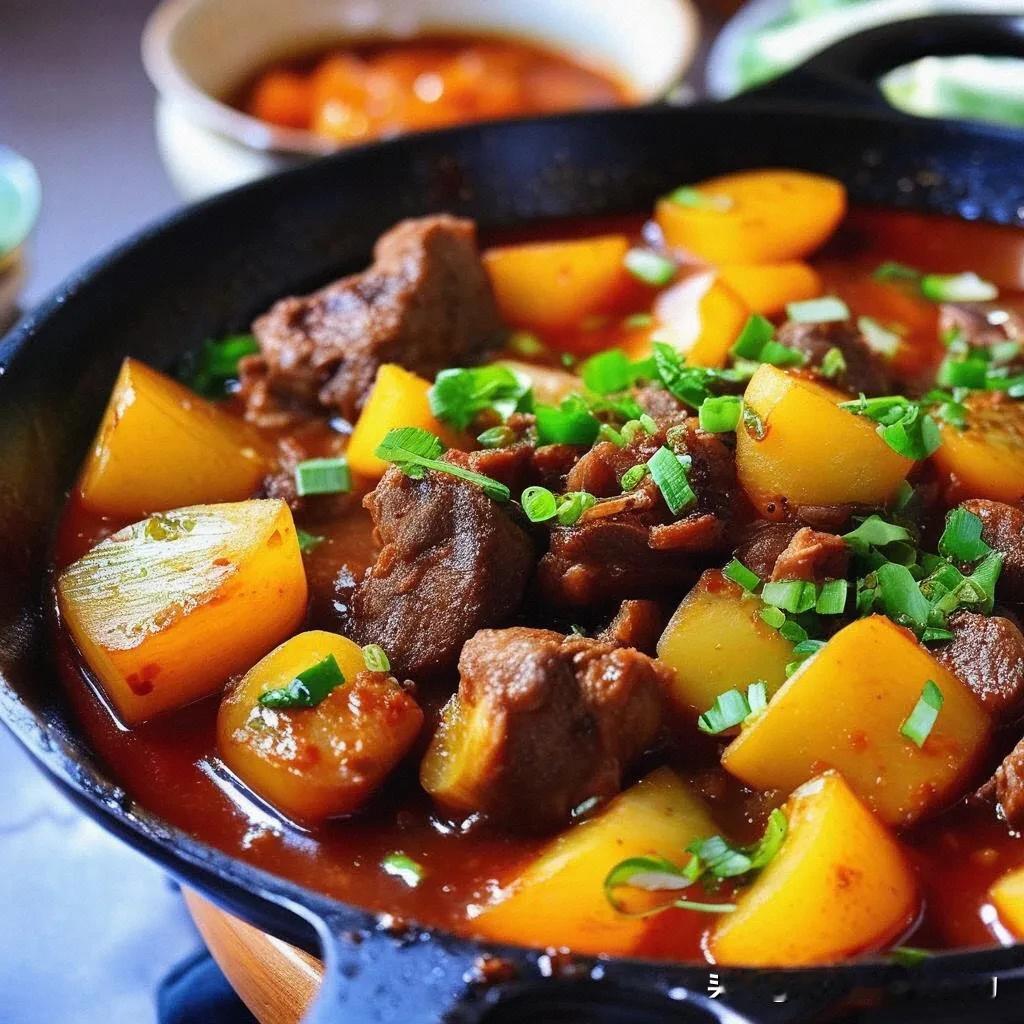 牛肉炖土豆，一道美味家常菜。牛肉软烂入味，土豆绵密醇厚。炖煮过程中，香气四溢。营
