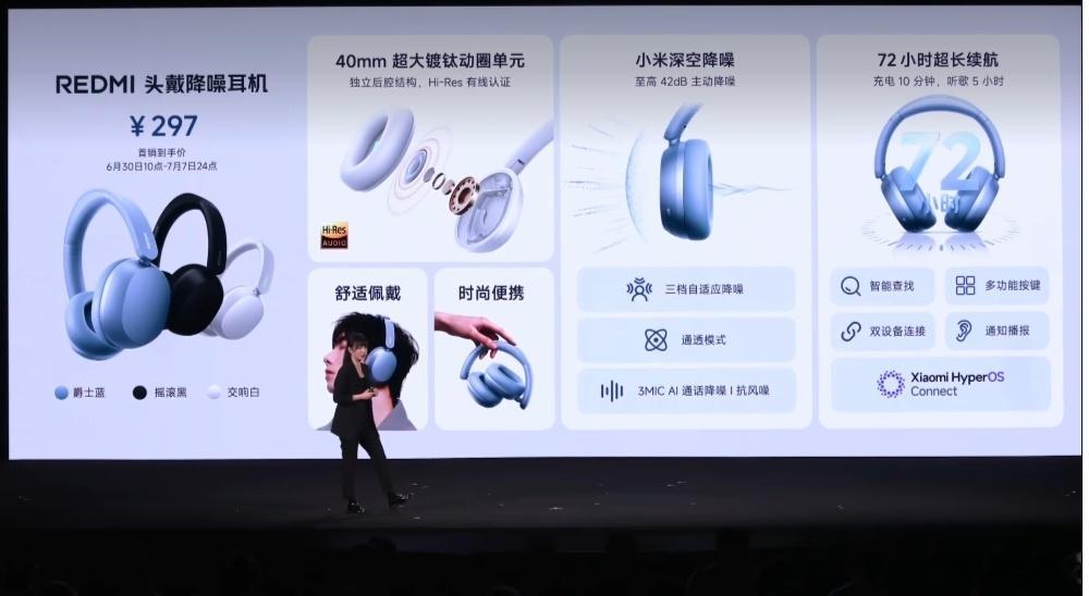 红米发布会红米的这头戴式降噪耳机颜值还不错，72小时超长续航，价格是297 