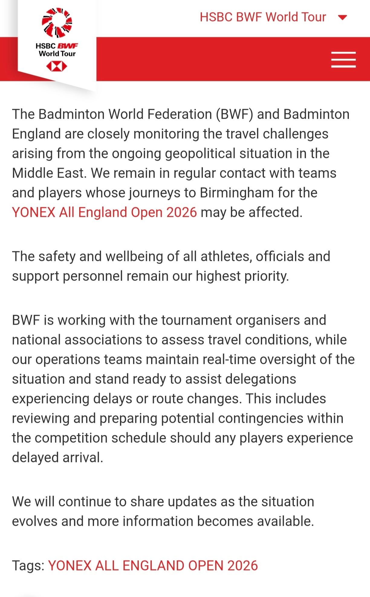 BWF发文受战争影响有应急预案愿世界和平 