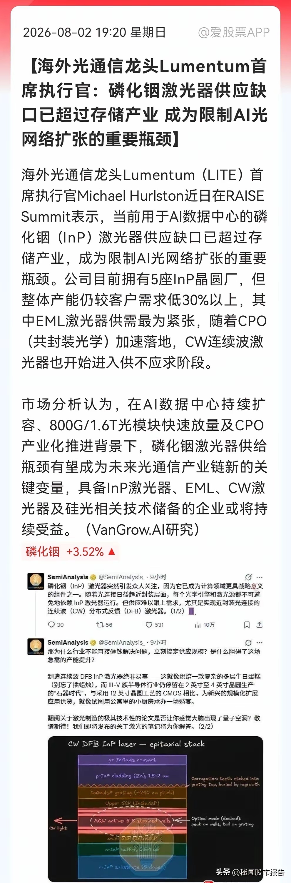 刚刚看到一条利好消息，有点小兴奋！存储产业已非“最缺”，磷化铟激光器成AI新瓶颈