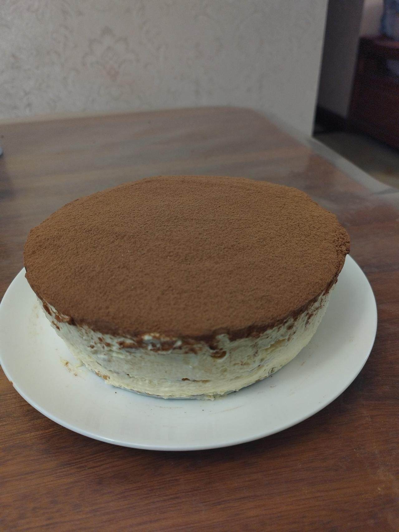 昨晚做的提拉米苏冷藏了一夜，今天拿出来，奶酪香混合着可可粉的香气，甜度做的五分甜