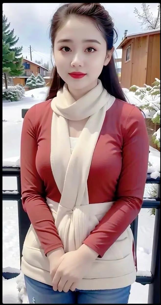 冬日暖阳下的雪景，红衣少女与雪景相映成趣。