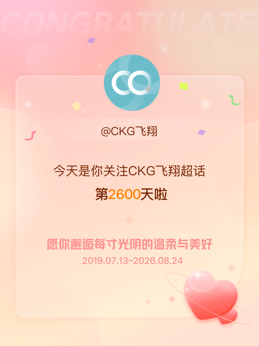 CKG飞翔今天是我关注超话的第2600天，希望你的生活如晨曦般明媚温暖～ 