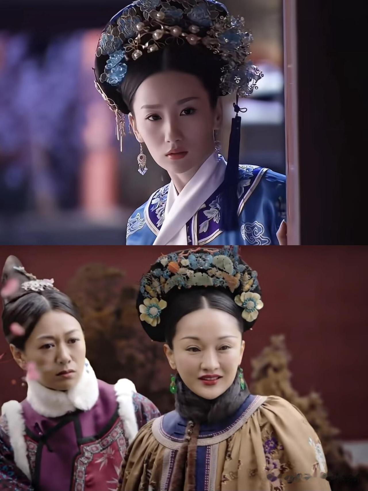 同样款式的扇形旗头，高洋的这套造型气质出众，很适合出演少年如懿，对比周迅饰演的成