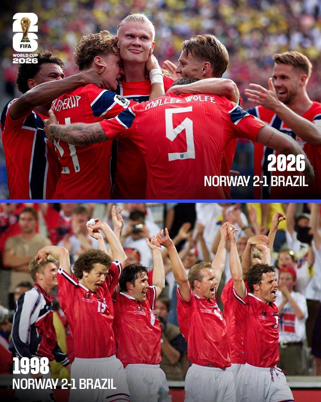1998 🤝 2026距离他们上次参加世界杯28年后，挪威再次取得了对巴西的胜