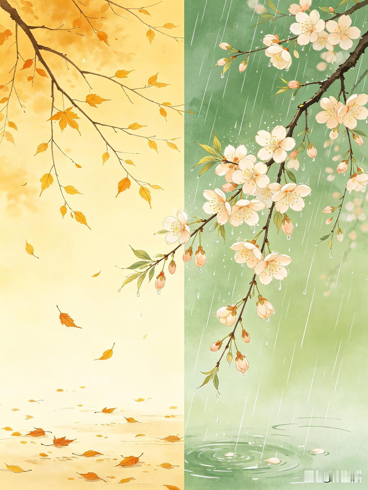 上联：年年秋风扫落叶
下联：岁岁春雨多开花