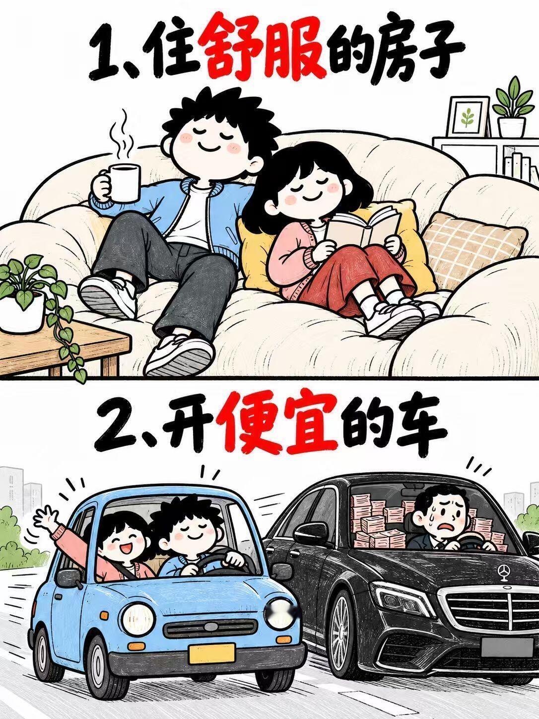 现在年轻人越来越通透，高级清醒，现金存银行，住舒适的房子，开便宜的车就行！
这个
