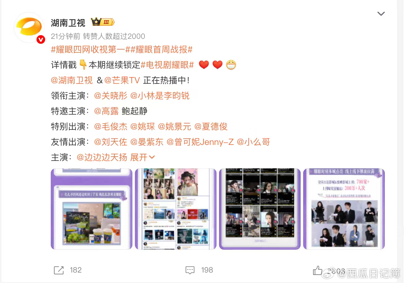耀眼四网收视第一电视剧耀眼 全网热度持续断层领先，相关话题阅读量稳步攀升，大批观