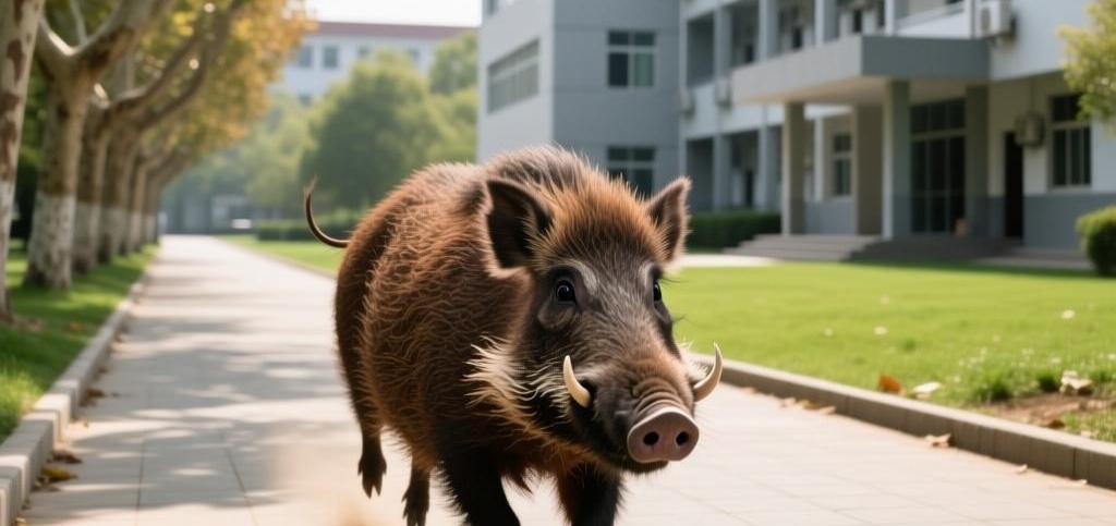 2025年11月10日，一头野猪冲入吉林医药学院校园，在教学楼与宿舍区之间横冲直