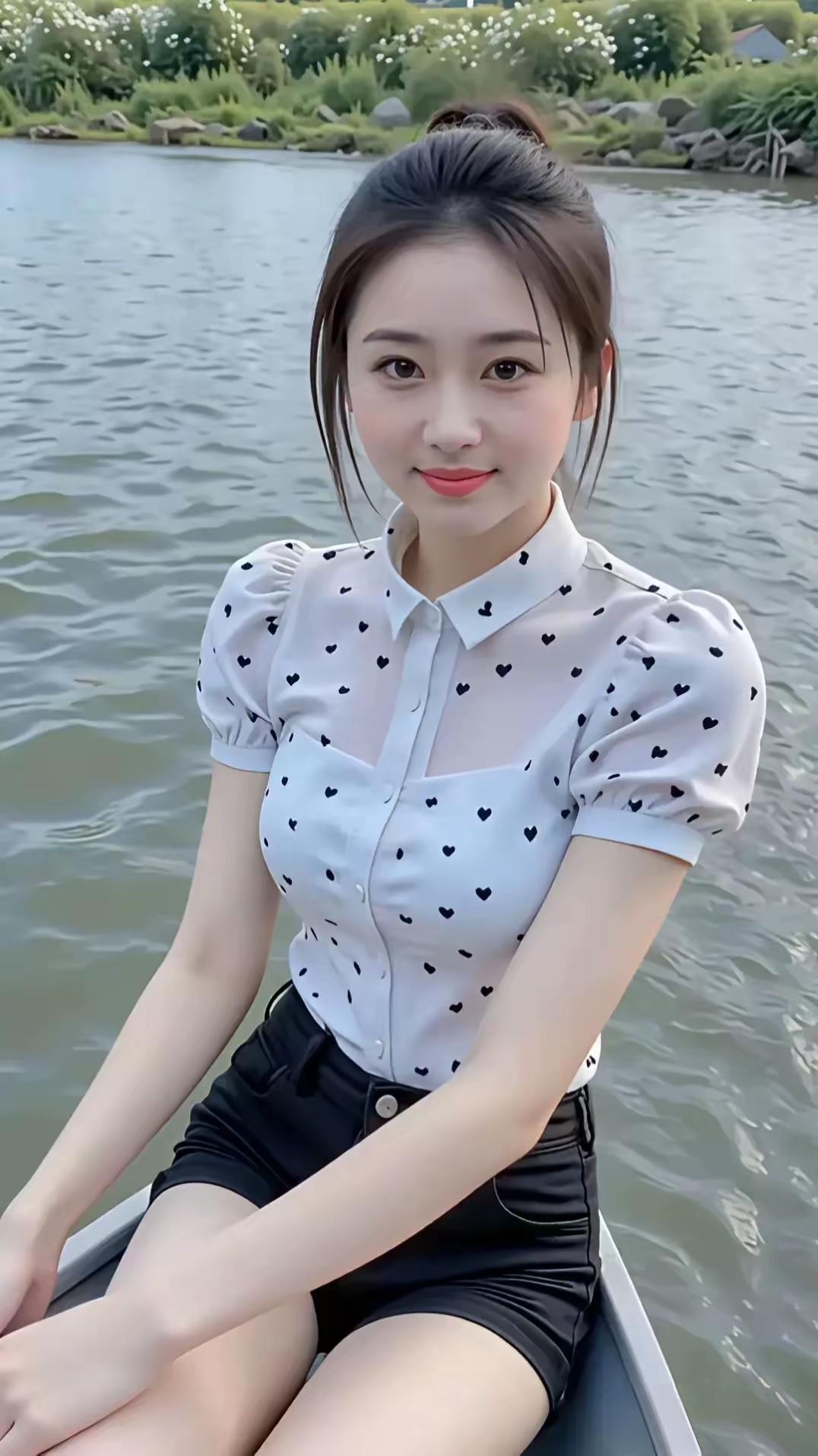 夏日清新穿搭，白色波点衬衫搭配黑色短裤，坐在湖边，享受宁静时光。🌿💙