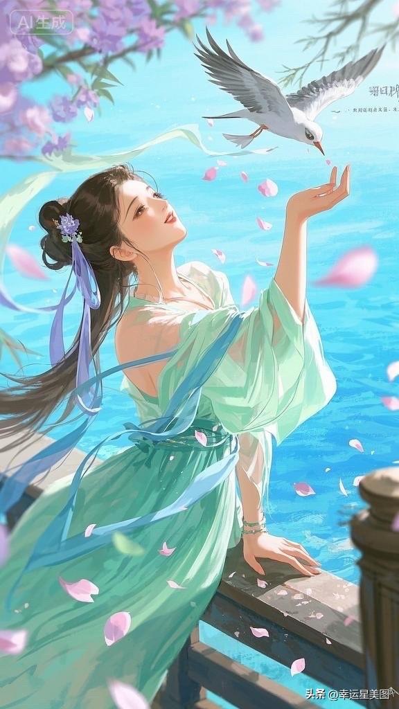 古风美人，一袭绿衣，轻纱飘逸，宛如仙子下凡。