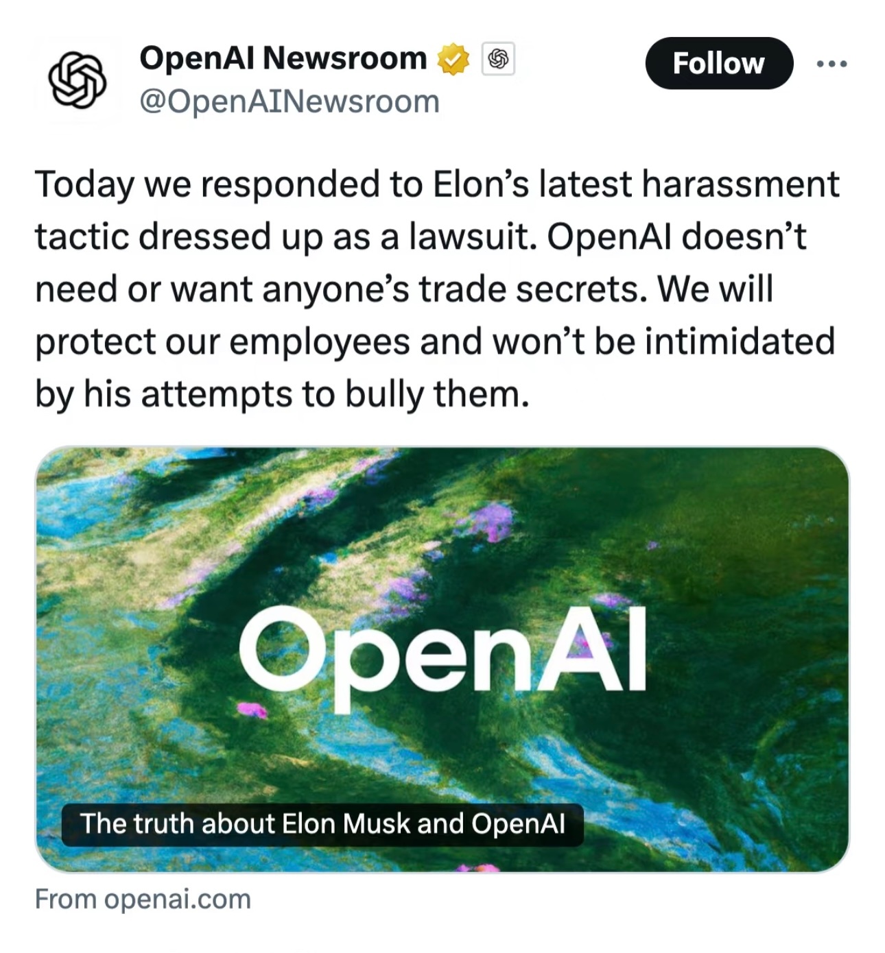 OpenAI强硬回应马斯克起诉：拒绝认错、反控滥用诉权。官方声明直言不会被霸凌吓