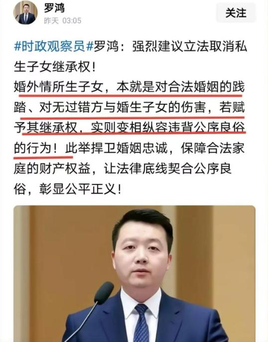 专家罗鸿提了个建议，直接捅了马蜂窝！罗鸿：“强烈建议取消私生子女的继承权！搞婚外
